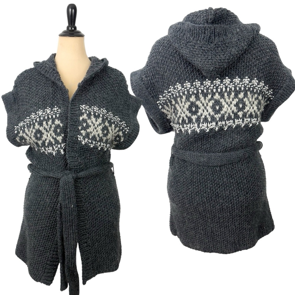 between me & you ANTHROPOLOGIE Cardigan Sweater NEW L Chunky Boho Fair Isle Hood